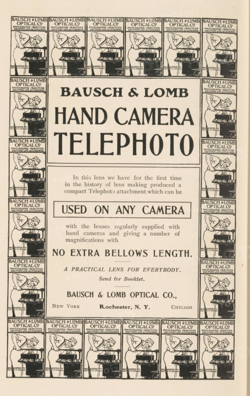 Kodak camera, page, photomechanical print, c. 1896 - in or before 1901, paper, autotype, height 38 mm x width 26 mm, Print in a section of advertisements at the back of a book. Print is part of an advertisement by EB Meyrowitz., camera, photography, The image shows a vintage advertisement layout with a large centered headline inside a bordered box and a patterned decorative border made of repeated small rectangular illustrations depicting a person leaning over a camera or optical device. The central area contains bold uppercase words in large type followed by several lines of smaller printed paragraphs and boxed text. A horizontal rule separates sections, and additional smaller lines of text appear below the boxed text. The repeated border illustrations run along the top, sides, and bottom of the page, and the overall color scheme is monochrome with dark ink on a light background.