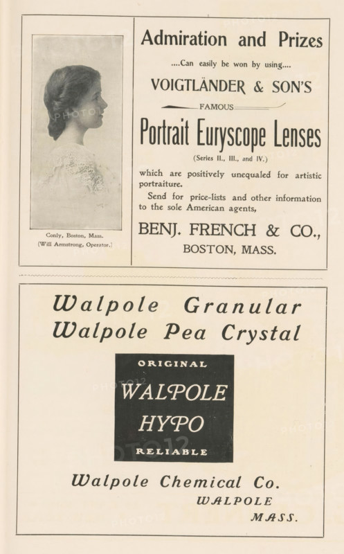Portrait of an unknown woman, page, photomechanical print, photographer: Will Armstrong, Boston (Massachusetts), cliché maker: anonymous, c. 1896 - in or before 1901, North America, Massachusetts, paper, autotype, height 77 mm x width 36 mm, Print in a section of advertisements at the back of a book. Print is part of an advertisement by Benj. French & Co., historical persons not known by name - BB - woman, A vertical page showing two framed advertisement blocks separated by a thin horizontal border, the upper block divided into two columns with a left portrait of a woman in profile wearing a lacy garment and a braided hairstyle and a right area filled with various typographic elements, and the lower block featuring a large centered dark square with lighter text inside surrounded by decorative script-style wording and company identification below.