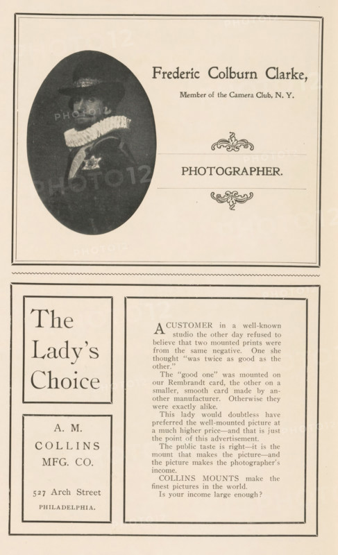 Detail of the front of a camera with lens hood, page, photomechanical print, c. 1896 - in or before 1901, paper, autotype, height 26 mm x width 24 mm, Print in a section of advertisements at the back of a book. Print is part of an advertisement by The Jackson Lens Shade Co., camera, photography, A vertically oriented page with a rectangular bordered layout showing a dark oval portrait of a man wearing a wide-brimmed hat and a high ruffled collar on the upper left, decorative flourishes and a centered label area to the right of the portrait, and two large framed columns below with the left column containing a boxed vertical title area and smaller boxed address block while the right column contains a block of body text framed by a thin border.