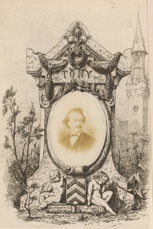 Portrait of Anton Bergmann, Tony, photograph, page, c. 1869 - in or before 1874, photographer, paper, albumen print, height 70 mm x width 50 mm, Photo opposite title page, behind semi-transparent cover., Person, Anton Bergmann, historical persons, A sepia-toned illustrated composition featuring an ornate carved stone frame with decorative garlands and a central oval portrait of a man with wavy hair, a mustache, a bow tie, and a jacket, rendered in a faded photographic style; the frame rests on a base flanked by two reclining cherubic figures beside a shield with diagonal stripes, and plants and foliage rise on either side; in the background to the right a tall tower with a pointed spire is visible, and to the left there are additional architectural outlines and slender trees.