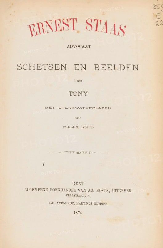 Ernest Staas, lawyer : sketches and images, by Tony (Anton Bermann), with etching plates by Willem Geets, book, annotation: 'With 15 etchings, + ori. photo-portrait, of the author (Tony = Anton Bergmann, 1835-1874), Most important work of the author, contained herein, first edition, published shortly before his death., Copy with dedication from 'Tony' to Jan t. Brink, also interesting there dated 1873: (as year of first publication, 1874 is generally mentioned)', dedication: 'To my literary friend, Doctor Jan ten Brink, on behalf of the author, Tony, Lier 28 7 1873', writer (clerical worker): Tony, publisher: Adolph Joseph Hoste, Ghent, publisher: Martinus Nijhoff, The Hague, 1874, writer (clerical worker), textile materials, pasteboard, biological material, paper, leather, linen (material), printing, albumen print, etching, height 280 mm x width 188 mm x thickness 22 mm, A vertically oriented aged book page with faint brown spotting and a large arched red name at the top, several line...