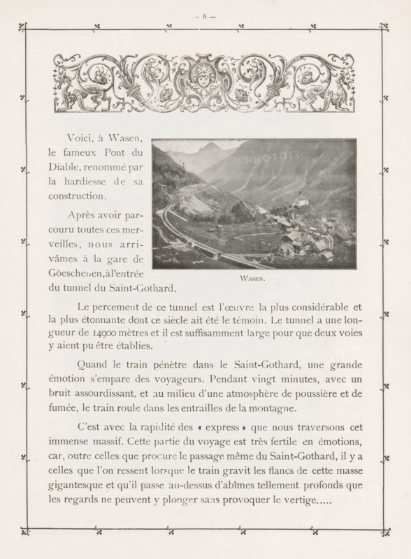 Wasen, View of Wasen, page, photomechanical print, cliché maker: Pierre Jumpertz, c. 1893 - in or before 1898, photographer, paper, autotypie, height 57 mm x width 90 mm, city-view in general, 'veduta', dale, valley, A vertically oriented page with an ornate decorative border and a decorative floral and scroll header at the top, followed by a centered rectangular grayscale photograph depicting a mountain valley with a small village and a winding road or railway; the photograph is aligned to the right of a left column of printed paragraphs. The left and lower portions of the page contain blocks of printed paragraphs in a serif typeface, and small decorative corner motifs appear at intervals along the interior border. The overall page has an aged, slightly yellowed paper appearance and symmetrical margins.