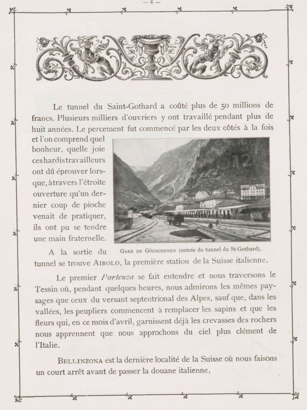 Göschenen, View of Göschenen, page, photomechanical print, cliché maker: Pierre Jumpertz, c. 1893 - in or before 1898, photographer, paper, collotype, photoprint, height 118 mm x width 168 mm, city-view in general, 'veduta', mountains, A page with a decorative border and an ornate floral and mythical creature header at the top, featuring mirrored scrollwork and a central urn flanked by small cherubic figures; below the header there is a block of printed columns of text on the left and a rectangular black-and-white photograph on the right showing a train station platform with tracks curving into a mountainous valley, buildings along the platform, and steep rocky slopes rising behind them; the page shows additional blocks of printed text below the photograph and a thin decorative frame running around the entire page.