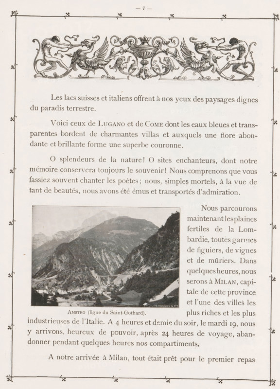 Amsteg (ligne du Saint-Gothard), View of the Gotthard Pass near Amsteg, page, photomechanical print, maker: F. Dricot & C's, Amsteg, c. 1893 - in or before 1898, F. Dricot & C's, paper, autotypie, height 61 mm x width 90 mm, mountains, dale, valley, Gotthard pass, The image shows a page with an ornate horizontal decorative header featuring symmetrical griffin-like creatures and human figures, a framed black-and-white photograph of a mountainous valley with a village and bridge, and surrounding printed text in a serif typeface, all enclosed by a thin decorative border with small floral corner embellishments.