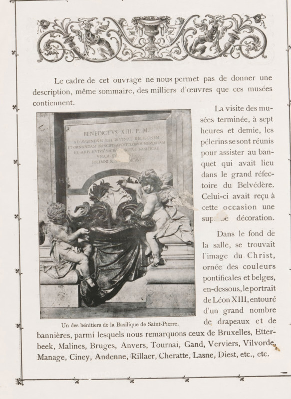 Vase with holy water in St. Peter's Basilica in Vatican City, Un des bénitiers de la Basilique de Saint-Pierre, page, photomechanical print, maker: F. Dricot & C's, St. Peter's Basilica, c. 1893 - in or before 1898, F. Dricot & C's, Vatican City, paper, autotypie, height 118 mm x width 89 mm, vase, ornament, Holy Water font, A vertical page showing an ornate decorative header with floral scrollwork and cherubic figures, below which is a rectangular photograph of a stone sculpture depicting two cherubs sitting on either side of an elaborately carved basin with draped fabric and ornamental foliage, the sculpture set against a framed stone plaque, and to the right of the photograph a column of printed text; a decorative border runs along the left and bottom edges of the page.