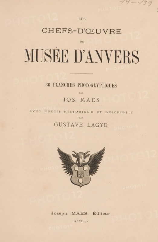 Le chefs d'oeuvre du Musée d'Anvers, 36 photoglyptiques by Jos. Maes, with précis historique et descriptif by Gustave Lagye, book, retailer's mark: 'POSADA, art-books, Rue de la Madeleine 29, 1000 Brussels 02, 51108 34', bookplate: 'V, SEMPER, HONORE, MEO, EX- LIRBIS', creator: Joseph Maes, writer (clerical worker): Gustave Lagye, publisher: Joseph Maes, Antwerp, 1877, Joseph Maes, Gustave Lagye, writer (clerical worker), publisher, textile materials, pasteboard, paper, linen (material), printing, veined marbled paper, albumen print, Woodburytype, height 242 mm x width 187 mm x thickness 34 mm, A pale beige page with printed black ornamental elements and a large decorative emblem featuring a winged animal head above a shield, with a small rectangular device on the shield, positioned near the center of the page.