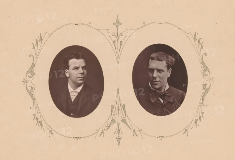 Coquelin Ainé, Portrait of Benoît-Constant Coquelin, page, photomechanical print, inscription: 'Le Nord Contemporain, Revue Historique & Biographique', inscription: 'Artiste dramatique, né a Boulogne-sur-Mer en 1841', c. 1878 - in or before 1882, paper, Woodburytype, height 64 mm x width 201 mm, Person, Benoît-Constant Coquelin, historical persons, A sepia-toned image shows two oval portrait photographs side by side on a lightly textured beige background, each portrait surrounded by delicate ornamental linework with symmetrical flourishes and curved motifs; the left portrait features a man with dark hair combed back, wearing a dark jacket and a light-colored collar and tie, looking slightly to his side with a neutral expression, while the right portrait shows a man with lighter hair wearing a dark suit and a large bow at his collar, facing forward with a subtle expression and slightly tousled hair.