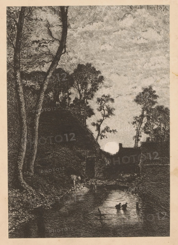 Le Soir d'Automne, Eau-Forte d'après son Tableau, par M. Émile Breton, Reproduction of an etching of an autumn evening by Émile Breton, reproduction, page, photomechanical print, inscription: 'Le Nord Contemporain, Revue Artistique & Pittoresque', inscription: 'Journal le Nord Contemporain, No 28, année 1883.', photographer: NC, after print by Emile Adélard Breton, c. 1878 - in or before 1883-03-05, Emile Adélard Breton, after print by, paper, collotype, photoprint, height 218 mm x width 152 mm, Print on third unnumbered page after page 64., landscapes, sunset, small canal, ditch, A monochrome etching depicting a landscape with tall, slender trees framing a narrow waterway, a steep thatched roof structure on the left, silhouetted foliage and tree trunks against a sky filled with textured cloud marks, a bright circular light near the horizon partially obscured by building outlines, a small group of figures or animals visible on the water surface reflecting the light, and dense dark fore...