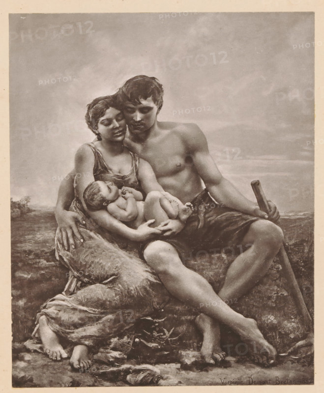 La Famille, Tableau de Mme V. Demont-Breton, Reproduction of a painting of a man and a woman with a baby by Virginie Demont-Breton, reproduction, page, photomechanical print, inscription: 'Le Nord Contemporain, Revue Artistique', inscription: 'Journal le Nord Contemporain, No 33, année 1883.', photographer: NC, after painting by Virginie Demont-Breton, 1882 - in or before 1883-05-20, paper, collotype, light print, height 217 mm x width 175 mm, Print on fifth unnumbered page after page 144., family, relationship, descent, infant, baby, parents (first degree family relationships), A monochrome image of a seated couple holding a sleeping infant, the woman leaning against the man's shoulder with her eyes closed and the man looking downward, his bare torso visible and one arm wrapped around the woman while his other hand rests on a wooden staff; the woman wears a simple sleeveless dress and cradles the baby, whose head rests against her chest and whose tiny limbs are curled; their legs are ...