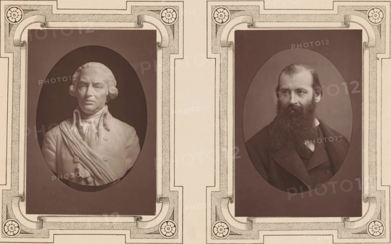 Portrait of Géry Legrand, mayor of Lille in 1882, 1882, Géry Legrand, Maire de Lille, page, photomechanical print, inscription: 'Né a Lille en 1837', inscription: 'Le Nord Contemporain, Revue Historique & Biographique', photographer: Lemercier, cliché maker: Ferrand, c. 1877 - in or before 1882-10-15, paper, Woodburytype, Woodburytypepie, height 127 mm x width 88 mm, Print on third unnumbered page after page 304., Person, historical persons, A symmetrical layout with two oval portraits set against dark rectangular panels and framed by ornate cream-colored borders featuring floral rosettes and scrollwork; the left oval shows a pale sculpted bust of a man with curled hair at the sides, a high-collared garment, and draped cloth across the chest, while the right oval shows a seated photographic portrait of a bearded man with a dark coat and visible lapel, both ovals centered within decorative rectangular mats on a light background.