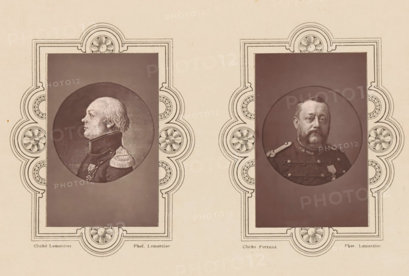 1792, Ovigneur (Charlemagne-Joseph), Commandant des Canonniers Sédentaires Lillois, Reproduction of a portrait of Charlemagne-Joseph Ovigneur, commander of the artillery during the siege of Lille by the Austrians in 1792, reproduction, page, photomechanical print, inscription: 'Le Nord Contemporain, Revue Historique & Biographique', inscription: 'Né a Lille en 1759 - Mort en 1832', photographer: Lemercier, after design by anonymous, c. 1877 - in or before 1882-10-15, paper, Woodburytype, height 90 mm x width 58 mm, Print on fifth unnumbered page after page 304., Person, Charlemagne-Joseph Ovigneur, historical persons, A beige page with two ornate rectangular frames side by side, each containing a dark rectangular inset and a circular portrait near the top of the inset; the left circular portrait shows a light-haired man in profile facing right, wearing a high-collared dark uniform with an ornate shoulder decoration, while the right circular portrait shows a bearded man facing forward w...