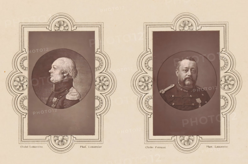 Portrait of Émile-Emmanuel Ovigneur, commander of the artillery of Lille in 1882, 1882, Ovigneur (Émile-Emmanuel), Commandant des Cannoniers Sédentiares Lillois, page, photomechanical print, inscription: 'Né a Lille en 1830', inscription: 'Le Nord Contemporain, Revue Historique & Biographique', photographer: Lemercier, cliché maker: Ferrand, c. 1877 - in or before 1882-10-15, paper, Woodburytype, Woodburytypepie, height 90 mm x width 58 mm, Print on fifth unnumbered page after page 304., Person, Émile-Emmanuel Ovigneur, historical persons, A cream-colored page with two ornate rectangular frames side by side, each frame decorated with circular floral motifs and concentric line borders, containing dark sepia-toned rectangular panels. In the left panel a circular vignette shows a profile of a man facing left with short light hair and a high-collared military coat with an epaulette visible on the shoulder. In the right panel a circular vignette shows a man facing forward with a mustache an...