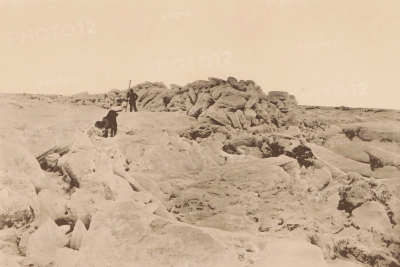 A toros. Oct 25 1882., View of a toros in the Karazee, page, photomechanical print, inscription: 'De Nederlandsche Polar-Expeditie 1882-1883.', photographer: H. Ekama, Karskoye More, cliché maker: E. Diener, Glauchau, c. 1881 - in or before 1886, Saxony, paper, collotype, photoprint, height 141 mm x width 206 mm, landscapes in polar regions, iceberg, A sepia-toned scene of a rocky, icy landscape with irregular boulders and jagged formations across the foreground and middle ground, a person standing near a pile of larger, rounded rocks holding a long pole, and a dark-colored dog standing on a ledge closer to the viewer, all beneath a pale, mostly empty sky.