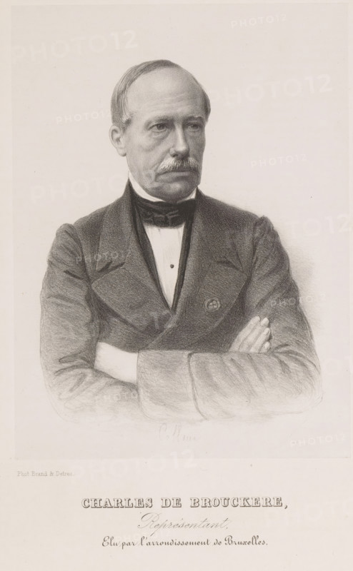Charles de Brouckere, Reproduction of a photograph of a portrait of Charles de Brouckère, print, reproduction, page, inscription: 'Représentant, Elu par l'arrondissement de Bruxelles.', printmaker: Henri Borremans, Brussels, after photo by Brand & Detrez, c. 1853 - in or before 1858, Henri Borremans, Brand & Detrez, printmaker, paper, lithography, lithografie, height 194 mm x width 144 mm, Person, Charles de Brouckère, historical persons, A monochrome portrait of a man from the torso up with arms crossed, wearing a dark suit jacket over a light shirt and a bow tie; he has a receding hairline, a mustache, and a neutral facial expression, and the background is plain.