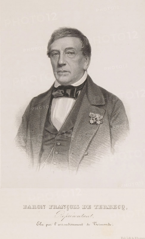Reproduction of a photograph of a portrait of François van den Broucke de Terbecq, Baron François de Terbecq, print, reproduction, page, inscription: 'Représentant, Elu par l'arrondissement de Termonde.', printmaker: Henri Borremans, Brussels, after photo by anonymous, c. 1853 - in or before 1858, Henri Borremans, printmaker, paper, lithography, lithografie, height 194 mm x width 144 mm, Person, François van den Broucke de Terbecq, historical persons, A monochrome lithographic portrait of a middle-aged man shown from the chest up, wearing a dark coat over a vest and a high-collared shirt with a bow tie, his hair combed to the side and his face rendered with fine shading showing a neutral expression, a cluster of decorative medals pinned to his coat, and a pale background surrounding the figure.