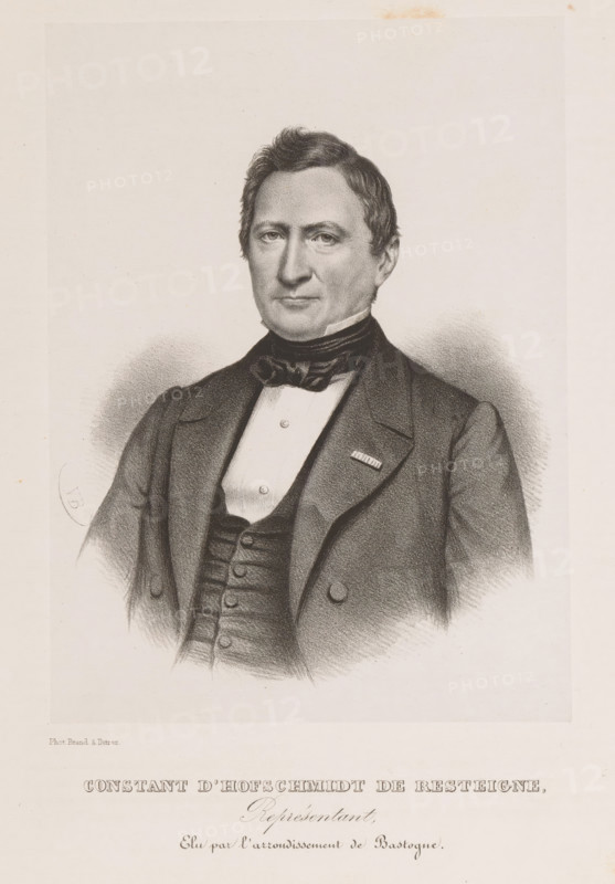 Constant d'Hofschmidt de Resteigne, Reproduction of a photograph of a portrait of Constant d'Hoffschmidt, print, reproduction, page, inscription: 'Représentant, Elu par l'arrondissement de Bastogne.', printmaker: Henri Borremans, Brussels, after photo by Brand & Detrez, c. 1853 - in or before 1858, Henri Borremans, Brand & Detrez, printmaker, paper, lithography, lithografie, height 204 mm x width 151 mm, Person, Constant d' Hoffschmidt, historical persons, A monochrome portrait drawing of a man shown from the torso upward wearing a dark formal coat over a buttoned waistcoat and a light shirt with a high collar and a dark cravat, his hair is short and combed, his face is neutral with visible eyes, nose and closed mouth, a small rectangular pin is attached to his coat lapel, the background is plain with subtle shading around his shoulders and the image has a broad light border around it.