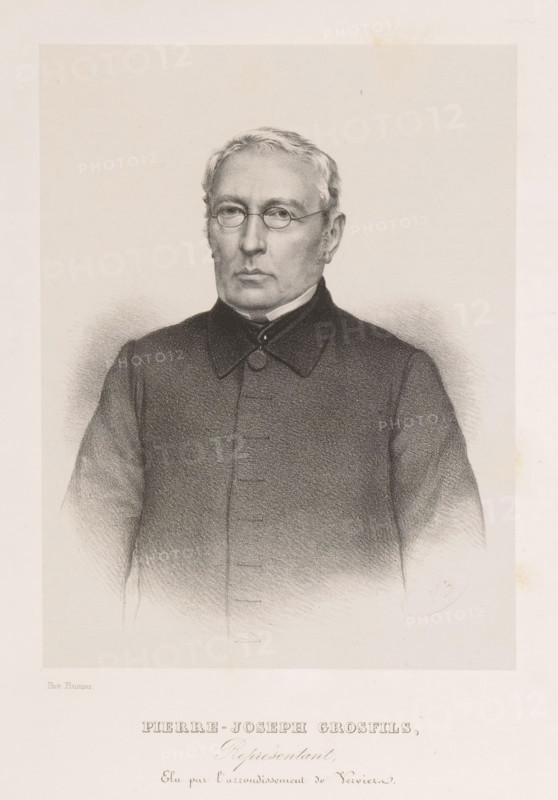 Pierre-Joseph Grosfils, Reproduction of a photograph of a portrait of Pierre Grosfils-Gérard, print, reproduction, page, inscription: 'Représentant, Elu par l'arrondissement de Verviers.', printmaker: Henri Borremans, Brussels, after photo by Alphonse Plumier, c. 1853 - in or before 1858, Henri Borremans, Alphonse Plumier, printmaker, paper, lithography, lithografie, height 201 mm x width 152 mm, Person, Pierre Grosfils-Gérard, historical persons, A grayscale portrait drawing of an older person shown from the chest up, wearing a dark, buttoned coat with a rounded collar and a high neck, short light hair, round eyeglasses, and a neutral facial expression, set against a plain light background.