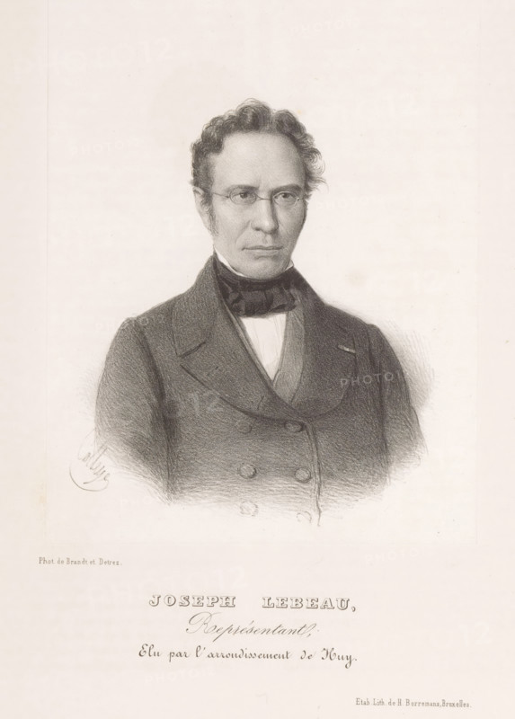 Joseph Lebeau, Reproduction of a photograph of a portrait of Joseph Lebeau, print, reproduction, page, inscription: 'Représentant, Elu par l'arrondissement de Huy.', printmaker: Henri Borremans, Brussels, after photo by Brand & Detrez, c. 1853 - in or before 1858, Henri Borremans, Brand & Detrez, printmaker, paper, lithography, lithografie, height 185 mm x width 140 mm, Person, historical persons, A monochrome portrait drawing of a man shown from the chest up wearing a dark double-breasted coat with wide lapels, a high-collared shirt, and a dark cravat tied at his neck; he has short wavy hair, sideburns, and round spectacles, and his expression appears neutral while he faces slightly to the viewer's left against a plain light background.