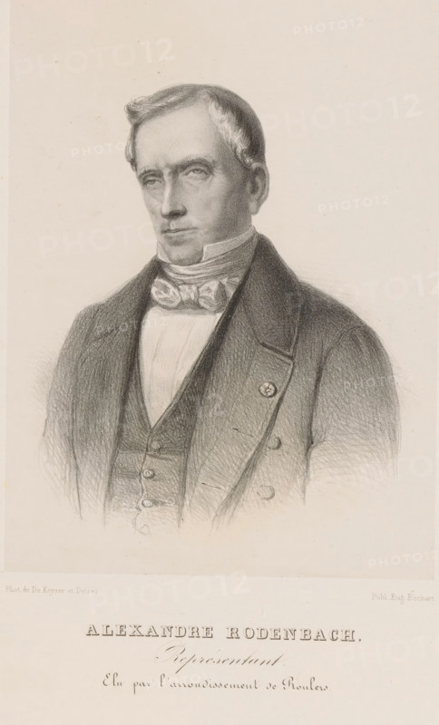 Alexandre Rodenbach, Reproduction of a photograph of a portrait of Alexander Rodenbach, print, reproduction, page, inscription: 'Représentant, Elu par l'arrondissement de Roulers.', printmaker: Henri Borremans, Brussels, after photo by De Keyser & Detrez, publisher: Eugène Bochart, c. 1853 - in or before 1858, Henri Borremans, De Keyser & Detrez, Eugène Bochart, printmaker, publisher, paper, lithography, lithografie, height 185 mm x width 137 mm, Person, Alexander Rodenbach, historical persons, A detailed pencil portrait of a man shown from the chest upward wearing a dark tailored coat over a buttoned waistcoat and a high-collared shirt with a decorative cravat; his hair is short and combed, his expression is neutral, and shading defines facial features and clothing folds against a plain light background.