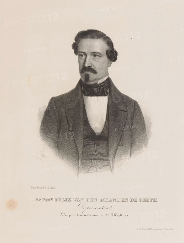 Reproduction of a photograph of a portrait of Félix van den Branden de Reeth, Baron Félix van den Branden de Reeth, print, reproduction, page, inscription: 'Représentant, Elu par l'arrondissement de Malines.', printmaker: Henri Borremans, Brussels, after photo by Brand & Detrez, c. 1853 - in or before 1858, Henri Borremans, Brand & Detrez, printmaker, paper, lithography, lithografie, height 185 mm x width 141 mm, Person, Félix van den Branden de Reeth, historical persons, A monochrome lithographic portrait of a man shown from the chest up wearing a dark suit jacket, waistcoat, high-collared shirt, and a dark bow at the neck, with neatly styled hair parted to one side and curled at the temples, a mustache and a small pointed beard, looking slightly to his left against a pale background with faint paper texture.