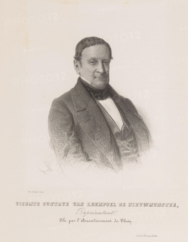 Vicomte Gustave van Leempoel de Nieuwmunster, Reproduction of a photograph of a portrait of Gustave de Leempoel de Nieuwmunster, print, reproduction, page, inscription: 'Représentant, Elu par l'arrondissement de Thuin.', printmaker: Henri Borremans, Brussels, after photo by Brand & Detrez, c. 1853 - in or before 1858, Henri Borremans, Brand & Detrez, printmaker, paper, lithography, lithografie, height 184 mm x width 140 mm, Person, Gustave van Leempoel de Nieuwmunster, historical persons, A monochrome drawn portrait of a seated man shown from the waist up, facing slightly toward the viewer with a neutral expression, short combed hair, sideburns, and a high-collared shirt beneath a dark cravat and a tailored coat with visible lapels; the drawing has soft shading and crosshatching, with the figure set against a blank light background and a wide margin around the image.