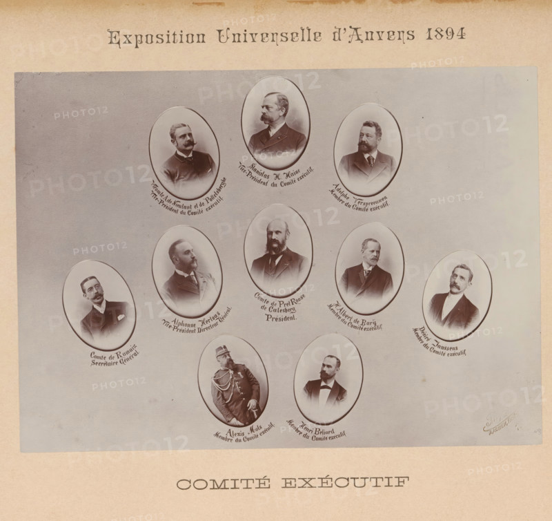 Comité Exécutif, Ten portraits in medallion form of the executive committee of the Antwerp World Exhibition in 1894, Exposition Universelle d'Anvers 1894, photograph, page, name: 'Vicomte A. de Nieutant et de Pottelsberghe, Vice-President du Comité exécutif.', name: 'Alphonse Hertogs, Vice-President Director Général.', name: 'Comte de Pret Roose, de Calesberg, Président.', name: 'Henri Beliard, Membre du Comité exécutif.', name: 'Stanislas H. Hain, name: 'H. Albert de Barij, name: 'Alexis Mols, name: 'Comte de Ramaix, Secrétaire Général.', name: 'Adolphe Verspreeuwen, check stamp: 'Th. Lantin, Photograph, AACHEN, Friedn. Wilhelm.., 1896.', name: 'Désiré Janssens, photographer: Th. Lantin, 1896, paper, gelatin silver print, developing gelatin silver print, height 157 mm x width 216 mm, Photo opposite title page., historical persons, A faded sepia poster showing a grid of oval portrait photographs of men in late nineteenth century attire arranged on a pale gray background with a wider be...