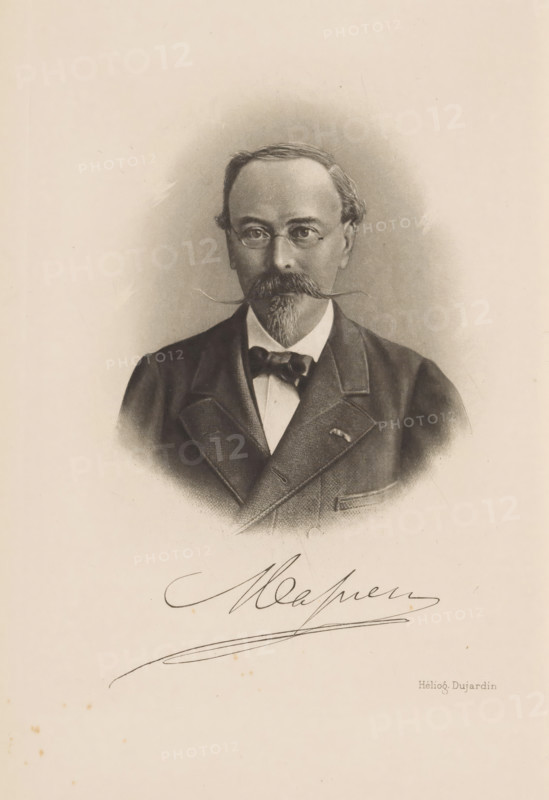 Portrait of Francois Massieu, page, photomechanical print, cliché maker: Dujardin, c. 1892 - in or before 1897, photographer, paper, photoaquatint, height 95 mm x width 80 mm, Person, Francois Massieu, historical persons, A sepia-toned portrait of a middle-aged man shown from the chest up wearing a dark suit jacket with wide lapels, a white shirt, and a dark bow tie; he has round eyeglasses, a high forehead with neatly combed hair receding at the temples, a prominent handlebar mustache with long curled ends, and a pointed goatee, with soft shading around his head and shoulders against a plain background.