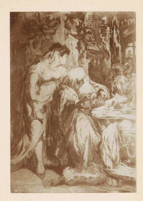 Photo reproduction of a painting of an old man at a table, with a young woman behind him by Willem Linnig (II), photograph, reproduction, page, photographer: Alexandre van Antro, after painting by Willem Linnig (II), c. 1891 - in or before 1896, paper, daylight collodion silver print, height 167 mm x width 116 mm, adult woman, table, old man, A sepia-toned illustration shows a robed elderly man with a long beard seated at a table, holding a spoon close to his mouth while leaning over bowls and plates; beside him stands a young woman in a flowing dress and jewelry, her head turned toward the man and one hand resting on his shoulder, the other holding a folded fan near her thigh; the scene includes draped fabrics, ornate pitchers on the table, carved wooden or rocky background textures, and scattered cloth and dishes on the table and floor.