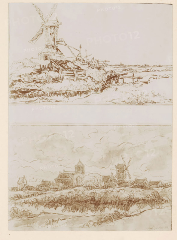 Photo reproduction of two drawings of windmills in a landscape by Willem Linnig (II), photograph, reproduction, page, Above a windmill in a landscape near Knokke in Belgium, below a windmill in a landscape near Wenduine in Belgium., photographer: Alexandre van Antro, after drawing by Willem Linnig (II), c. 1891 - in or before 1896, paper, daylight collodion silver print, height 169 mm x width 121 mm, windmill in landscape, Wenduine, Knokke, A vertical sheet containing two horizontal ink sketches separated by a blank band; the top sketch shows a coastal hill with a windmill on a raised base, its sails angled and a small door visible, surrounded by rough wooden fences and low vegetation with a simple pier extending toward a flat shoreline in the distance; the lower sketch, drawn with lighter wash, depicts a village skyline with clustered buildings and a church tower, a windmill among rooftops, rolling fields and hedges in the foreground, and a sky filled with soft, billowing cloud shapes...