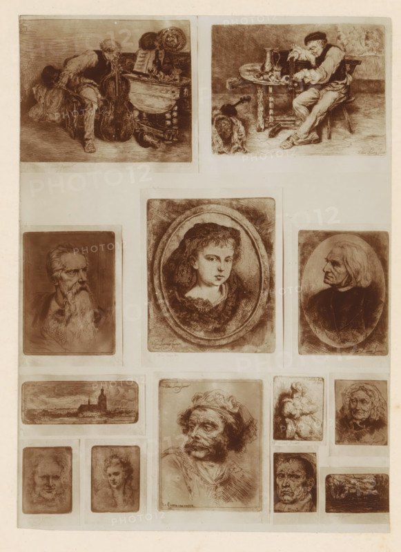 Photo reproduction of thirteen etchings of portraits of musicians and unknown people and landscapes by Willem Linnig (II), photograph, reproduction, page, photographer: Alexandre van Antro, after print by Willem Linnig (II), c. 1891 - in or before 1896, Willem Linnig (II), after print by, paper, daylight collodion silver print, height 169 mm x width 122 mm, historical persons not known by name, landscapes, historical persons not known by name - BB - woman, musician at work, A tall rectangular sheet displays multiple small sepia-toned etchings arranged in rows, each framed by a pale margin; near the top left an etching shows a seated man leaning over a large stringed instrument beside a cluttered table with vessels and plates, and beside it to the right another etching depicts a seated older man at a round table reaching toward a pitcher with a violin resting against the table and a cloth on the floor; below these, in the center, an oval-framed portrait of a young person with curly hair...