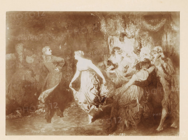 Photo reproduction of a painting of a group of people dancing the minuet by Willem Linnig (II), photograph, reproduction, page, photographer: Alexandre van Antro, after painting by Willem Linnig (II), c. 1891 - in or before 1896, paper, daylight collodion silver print, height 118 mm x width 166 mm, adult woman, adult man, group dancing, A faded sepia image shows several people in flowing period clothing arranged in a lively scene; a central woman in a light dress is stepping forward with one arm extended and a draped skirt, while a man opposite her stands with a turned profile and one hand on his hip. Around them are other figures in elegant garments, some seated and some leaning, with visible facial features and varied hairstyles, and a musician holding a violin at the left edge. The background is dark and textured with lighter brushlike marks near the upper right, and the scene sits within a pale border.