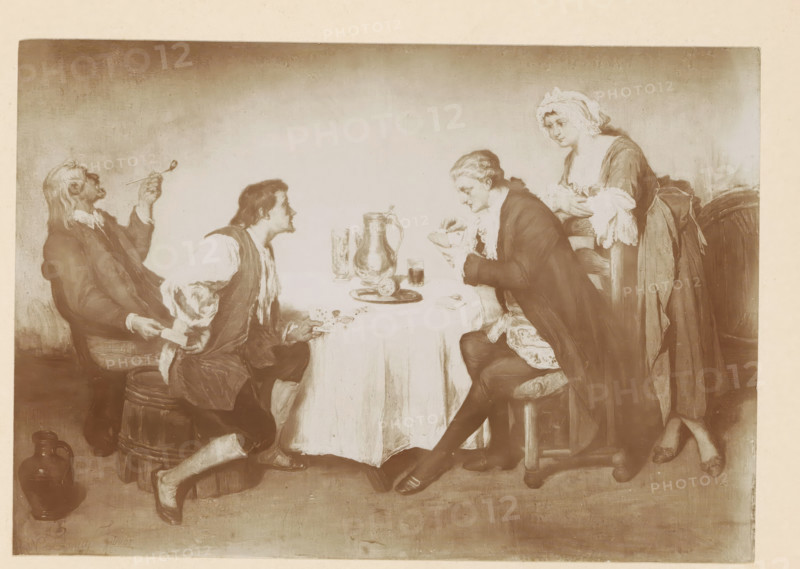 Photo reproduction of a painting of two people playing a card game where one is cheating by Willem Linnig (II), photograph, reproduction, page, photographer: Alexandre van Antro, after painting by Willem Linnig (II), c. 1891 - in or before 1896, paper, daylight collodion silver print, height 113 mm x width 163 mm, adult woman, adult man, card games, A sepia-toned scene of four people around a round table covered with a tablecloth, with a pitcher and drinking vessels on the table; two men sit opposite each other at the table, one leaning forward with a hand near the table and the other holding a bowl close to his face; a woman stands behind the seated man with her hands resting near his shoulders and wearing a cap and a dress with ruffled sleeves; another man sits to the side, leaning back and raising a long thin object toward his face; stools and a large jug are visible on the floor, and drapery and simple interior wall form the background.