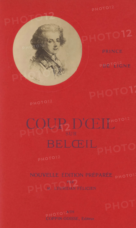 Photo reproduction of a drawn portrait, probably by Charles-Joseph de Ligne, photograph, reproduction, page, inscription: 'AJ Lale...ze', printmaker: unknown, after drawing by anonymous, c. 1903 - in or before 1908, photographer, paper, gelatin silver print, developing gelatin silver print, height 60 mm x width 60 mm, Photo on title page., Person, Charles Joseph (Prince de Ligne), historical persons, A rectangular red book cover with a circular beige portrait near the top showing a sketched head-and-shoulders of a person with curled hair and an earring, the portrait rendered in fine dark lines; to the right of the circle are small dark words arranged vertically; large dark title text is centered below the portrait; additional smaller dark lines of text appear beneath the title and near the bottom, all set against the red background.