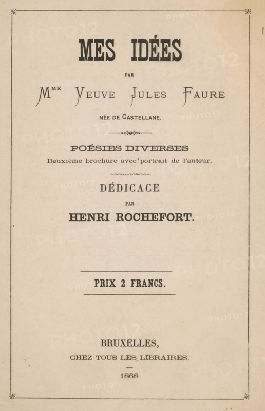 Portrait of Madame Veuve Jules Faure, photograph, page, annotation: 'A mon ami Auguste Pastois, souvenir., 27, 10, 79. V Jules Faure', address: 'Photographie L. Straszak, Rue Neuve, 9, Bruxelles.', photographer: Ladislas Straszak, Brussels (possibly), c. 1863 - in or before 1868, paper, albumen print, height 92 mm x width 55 mm, Photo opposite title page., Person, Veuve Jules Faure, historical persons, A vertically oriented aged paper page with a thin rectangular border and decorative marks at the corners, featuring multiple lines of typographic headings in bold and varied serif fonts centered on the page, separated by thin ornamental rules and small decorative flourishes; the layout shows larger bold title type near the top, medium decorative lettering below, a centered ornamental divider, further bold headings and smaller body text grouped beneath, an isolated thin horizontal line with wider bold text below it near the middle, and additional centered lines of smaller text and a short...
