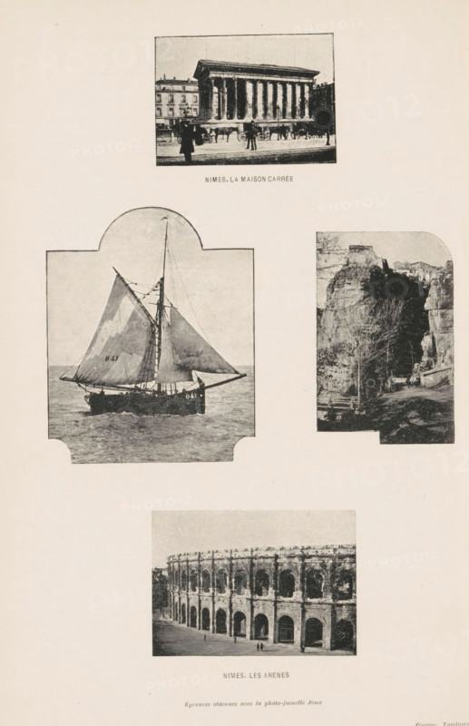 Photomontage of the Maison Carrée, the arena and views around Nimes, page, photomechanical print, photomontage, inscription: 'Nimes, La Maison Carrée, Nimes, Les Arènes, Épreuves obtenues avec la photo-junelle Joux', Nîmes, cliché maker: L. Vandamme, c. 1896 - in or before 1900, photographer, paper, autotypie, height 210 mm x width 137 mm, sailing-ship, sailing-boat, temple, shrine, Roman religion, Arena van Nîmes, Maison Carrée, A vertical sheet showing four sepia-toned photographic images arranged down the page, each framed with decorative borders, the top image depicting a classical rectangular building with a row of tall columns and figures and carriages visible in front, the second row featuring a left image of a sailing vessel with prominent sails on the water and a right image of a rocky cliffside with trees and structures atop, the bottom image showing a large stone arena with multiple arched openings and a paved area in front with tiny figures, all images set against a plain l...