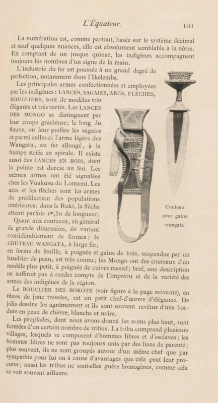 Knife with sheath, page, photomechanical print, c. 1892 - in or before 1897, paper, autotypie, height 95 mm x width 25 mm, tools, aids, implements, crafts and industries: knife, scabbard, sheath, A page from a printed book with a heading near the top and a column of dense serif text filling most of the left and center, adjacent to two grayscale photographic illustrations on the right showing a sheath with straps and decorative stitching and a long bladed knife with a textured handle and a patterned top, all on a light cream paper background.