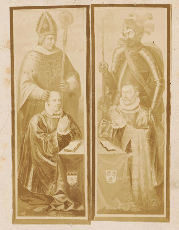 Photo reproduction of a design of a praying man, with a bishop behind him, photograph, reproduction, page, after design by anonymous, c. 1862 - in or before 1867, photographer, paper, albumen print, height 141 mm x width 52 mm, archbishop, bishop, etc. (Roman Catholic), one person praying, A vertically split image shows two tall rectangular panels side by side, each containing a kneeling figure in front of a small table with an open book and a standing figure behind them; on the left panel a robed man wearing an ornate tall hat holds a staff behind a kneeling man with folded hands, both dressed in flowing garments with decorative trim, and a shield emblem on the tablecloth; on the right panel an armored figure with a plumed helmet stands behind a kneeling man with a ruffled collar and folded hands, with a cloak draped over the armored figure and a shield emblem on the tablecloth.
