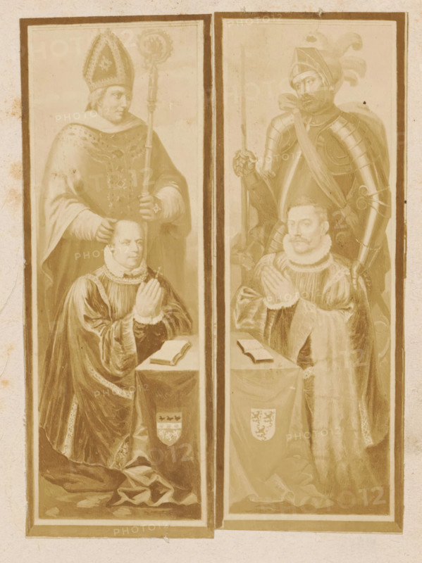 Photo reproduction of a design of a praying man, with a soldier behind him, photograph, reproduction, page, after design by anonymous, c. 1862 - in or before 1867, photographer, paper, albumen print, height 141 mm x width 52 mm, one person praying, private soldier, A vertically split image shows two narrow panels each framed by a dark border. In the left panel a cleric wearing an ornate mitre and a long patterned robe stands behind a kneeling man dressed in formal robes with a ruffled collar; the cleric holds a staff and places a hand on the kneeling man's head while the kneeling man has hands clasped over a small open book on a covered table. In the right panel an armored figure with a plumed helmet and a spear stands behind another kneeling man in similar formal robes and ruffled collar; the armored figure rests a hand on the kneeling man's head while the kneeling man has hands clasped above a small open book on a covered table. The overall palette is sepia-toned with visible fabric ...