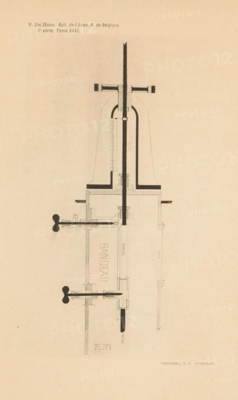 Reproduction of a design for a temperature measuring device, reproduction, page, photomechanical print, cliché maker: AJ Kymeulen, after design by anonymous, c. 1891 - in or before 1896, photographer, paper, collotype, photogravure, height 154 mm x width 100 mm, thermometer, A vertical technical drawing of a mechanical device rendered in light and dark gray lines on a beige background, showing a central shaft with a T-shaped top, curved outer housings flanking the shaft, internal chambers and cross-sections with visible bolts and joints, two winged handles attached to horizontal rods extending from the left side, rectangular boxed components and elongated cylindrical elements, faint construction lines and measurement marks, and subtle shading indicating depth.