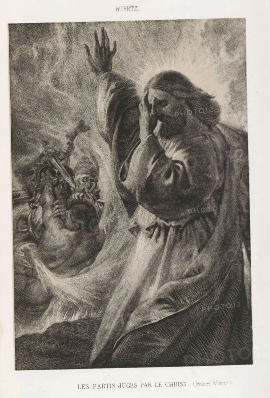 Les partis juges par le christ, Reproduction of The Dispositions Judged by Christ by Antoine Wiertz, reproduction, page, photomechanical print, inscription: 'Musée Wiertz', cliché maker: Asser & Toovey, after design by Antoine Joseph Wiertz, printer (person): Simonau & Toovey, c. 1862 - in or before 1867, photographer, printer (person), paper, photolithography, height 165 mm x width 114 mm, Print two pages before page 254., Christ, A grayscale illustration of a robed figure with long hair and a beard, shown from the side and facing left, raising one arm while the other hand covers part of the face; light or a halo radiates around the head and the robe has detailed folds and texture; to the left, a group of smaller figures with contorted faces and a variety of gestures are clustered amid swirling lines that suggest movement; the background is filled with textured shading and streaks that create a dynamic, cloudy atmosphere; a narrow white border surrounds the scene and there is printed ...