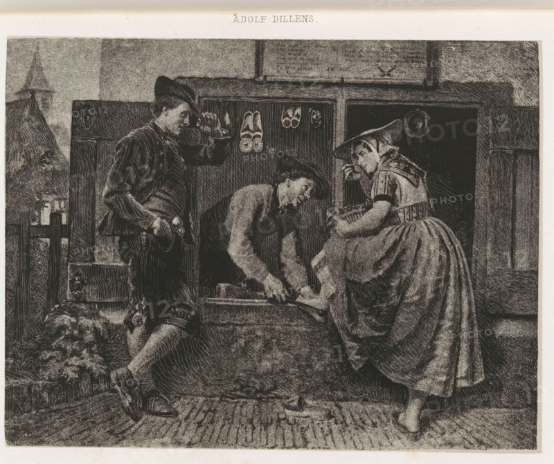 Le cordonnier zélandais, Reproduction of The shoemaker from Zeeland by Adolf Alexander Dillens, reproduction, page, photomechanical print, inscription: 'Cabinet de M. Ch. Verbessen', after design by Adolphe Alexandre Dillens, c. 1862 - in or before 1867, photographer, paper, photolithography, height 114 mm x width 145 mm, Print two pages before page 39., historical persons, shoe-maker, cobbler, A monochrome engraving shows three people gathered around a wooden chest set into a wall; a man standing to the left wears a hat and a striped jacket and rests one hand on the chest while looking toward the center; a second man kneels and leans into the chest with his hands inside it and his head bowed; a woman on the right sits on the edge of the chest wearing a dress with a full skirt and a bonnet, holding an object in her lap and looking toward the kneeling man; the chest interior displays pairs of shoes hanging on the back wall; architectural elements and textured surfaces form the backgroun...