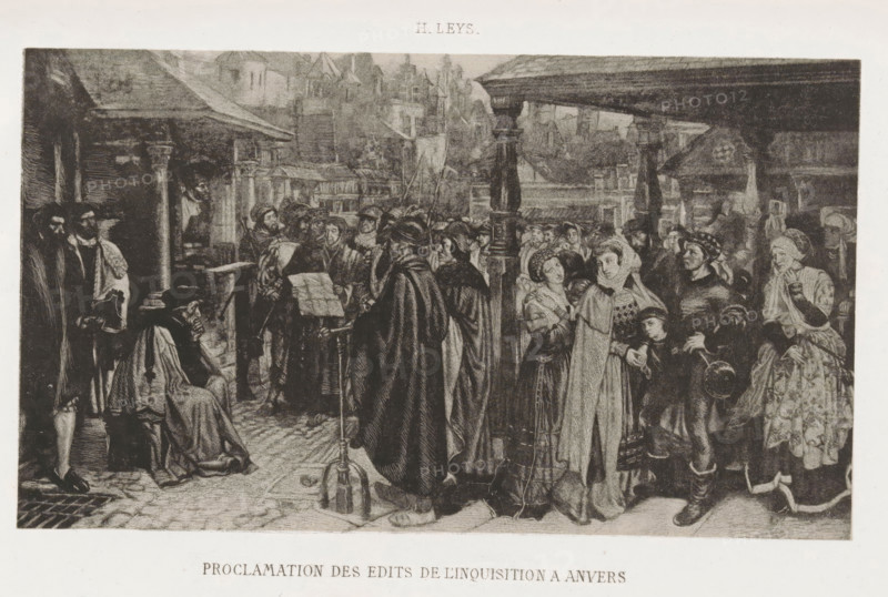 Proclamation des édits de l'inquisition an anvers, Reproduction of a work by Henri Leys, reproduction, page, photomechanical print, inscription: 'Gaerie de Mr De Liedekerke de Beaufort', cliché maker: Asser & Toovey, after design by Henri Leys (baron), printer (person): Simonau & Toovey, c. 1862 - in or before 1867, Asser & Toovey, Henri Leys (baron), Simonau & Toovey, photographer, cliché maker, after design by, printer (person), paper, photolithography, height 95 mm x width 164 mm, Print two pages before page 183., historical persons, crowd, mob, A wide monochrome scene shows a crowded town square beneath a covered arcade with columns and a tiled floor, filled with people wearing historical clothing and headwear. Several figures stand together near a central column while one robed man faces a small lectern holding a sheet, and a seated man nearby has his hand to his face. To the right, groups of women and children cluster, some with shawls or veils and one child holding a round objec...