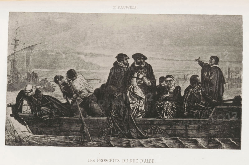 Reproduction of a work by Ferdinand Pauwels, Les proscrits du duc d'albe, reproduction, page, photomechanical print, cliché maker: Asser & Toovey, after design by Ferdinand Pauwels, printer (person): Simonau & Toovey, c. 1862 - in or before 1867, Asser & Toovey, Ferdinand Pauwels, Simonau & Toovey, photographer, cliché maker, after design by, printer (person), paper, photolithography, height 95 mm x width 166 mm, Print two pages before page 191., historical persons, rowing-boat, canoe, A grayscale etching shows a group of people crowded in a wooden boat on water with a distant shoreline and sailing vessel in the background; several figures wear long cloaks and wide-brimmed hats, one person at the front leans forward with head resting on arms, two central standing figures face each other while a seated woman with patterned clothing covers her face, another seated woman looks forward with a head covering, a man at the right stands with an outstretched arm pointing toward the horizon, oar...