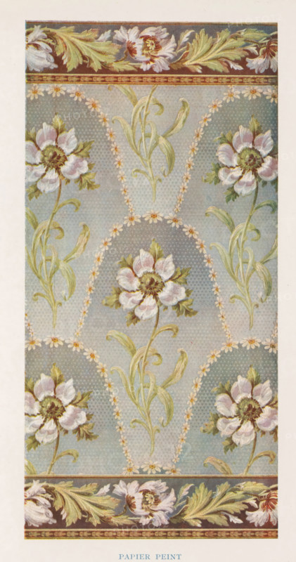 Wallpaper design, Papier Peint, page, photomechanical print, inscription: 'Chromophototypogravure', cliché maker: Jean Malvaux, Brussels, c. 1899 - in or before 1904, photographer, paper, three-color autotype, height 196 mm x width 96 mm, wall-paper, A vertical decorative panel showing a repeating floral wallpaper design with a pale blue textured background and scalloped garlands of small daisylike flowers. Large stylized blossoms with soft white and pale pink petals and greenish centers are positioned within the scalloped arches, each accompanied by curling green stems and elongated leaves. The top and bottom edges feature a horizontal border with larger ornate leaves and flowers in shades of green, cream, and muted pink on a darker background, separated from the central field by a narrow band with a decorative pattern. The overall palette is soft pastels and muted greens against the blue field.