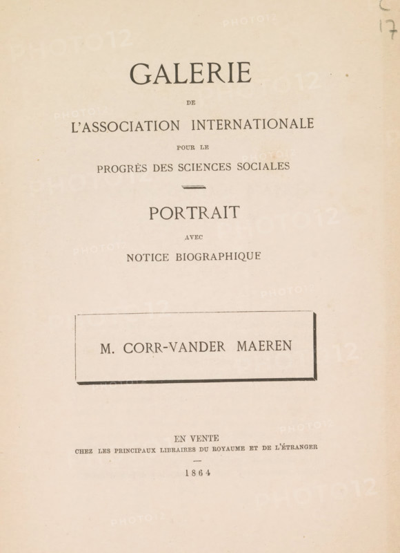 Galerie de l'International Association for the Progress of Social Sciences : portrait with notice biographique, Edouard Sève, book, annotation: '...', annotation: 'Brabant', writer (clerical worker): attributed to Édouard Sève, printer (person): attributed to Bols-Wittouck, Brussels, 1864, Édouard Sève, Bols-Wittouck, writer (clerical worker), printer (person), Attributed to, paper, printing, lithography, albumen print, height 252 mm x width 165 mm x thickness 2 mm, A mostly blank aged page with centered printed headings and a rectangular framed box, light beige paper with subtle spots and wear. The top shows a large bold heading, followed by smaller lines of uppercase text arranged in a vertical stack with spacing between lines. Beneath the central headings is a thin horizontal flourish, then a larger single-word heading, more small uppercase lines, and a rectangular outlined box containing a short line of uppercase text. The paper displays slight discoloration and a few tiny specks, ...