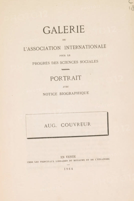 Galerie de l'Association international for the progress of social sciences : portrait with notice biographique, Edouard Sève, book, writer (clerical worker): attributed to Édouard Sève, printer (person): attributed to Bols-Wittouck, Brussels, 1864, Édouard Sève, Bols-Wittouck, writer (clerical worker), printer (person), Attributed to, paper, printing, lithography, albumen print, height 251 mm x width 169 mm x thickness 2 mm, A cream-colored page with centered printed lines in a serif typeface, a rectangular bordered label set at an angle toward the lower middle containing additional printed words, a small horizontal ornamental dash above a larger heading, and lighter printed text near the bottom of the page.