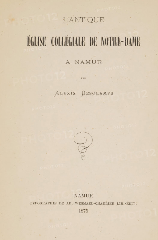 L'antique église collégiale de Notre-Dame à Namur, by Alexis Deschamps, book, annotation: 'MAY, 1989', number: '1800', writer (clerical worker): Alexis Deschamps, publisher: Adolphe Wesmael-Charlier, Namur (city), 1875, Alexis Deschamps, Adolphe Wesmael-Charlier, writer (clerical worker), publisher, textile materials, pasteboard, paper, linen (material), printing, lithography, wood engraving, carbon print, albumen print, height 248 mm x width 163 mm x thickness 16 mm, A vertically oriented aged paper page with a pale beige background and scattered small speckles and stains, featuring several lines of printed decorative text in different serif and display typefaces arranged down the center, and a decorative calligraphic swirl motif positioned roughly in the middle.