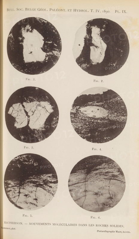 Overview of six microscopic magnifications of molecular motion in rocks, Macpherson. Mouvements moléculaires dans les roches solids, page, photomechanical print, inscription: 'Bull. Soc. Belge de Geol. de Paleont. et Hydrol. T.IV. 1890. l. IX', inscription: 'Macpherson, photo.', photographer: unknown, maker: Maes, c. 1885 - in or before 1890, paper, autotypie, height 186 mm x width 119 mm, rocks, geology, The image shows a vertical page with six round black-and-white circular photographs arranged in two columns and three rows on a pale background, each circle containing textured, mottled patterns resembling irregular light and dark areas and fracture-like lines; the top left circle has a lighter irregular central shape surrounded by darker speckled border, the top right circle shows a vertical lighter area against a darker surrounding, the middle left circle contains two adjacent lighter masses with branching cracks, the middle right circle presents an elongated lighter oval set within...