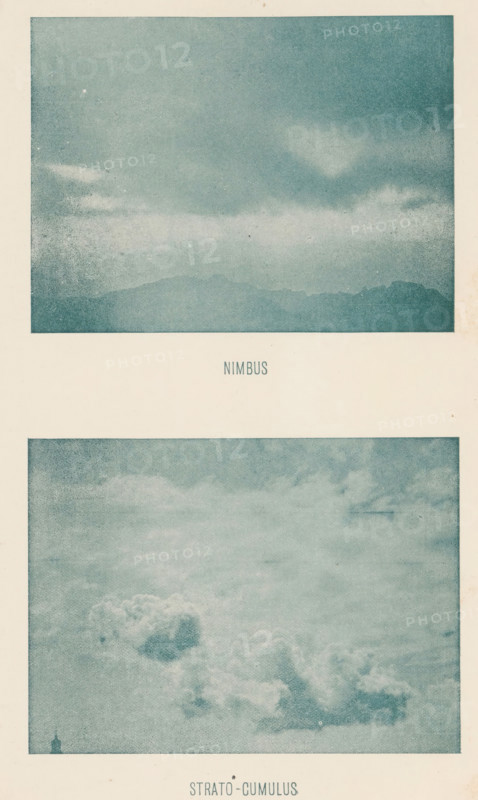Nimbus, Strato-Cumulus, Two types of clouds, Nimbus and Strato-Cumulus, page, photomechanical print, inscription: 'Bulletin de la Societé belge d'Astronomie, número 1-2 PL. III', c. 1890 - in or before 1896, paper, autotype, height 195 mm x width 114 mm, Print five pages after page 272., clouds, A vertically oriented print with two rectangular photographic panels separated by a blank band, the top panel showing a grainy bluish sky with diffuse cloud bands above a faint silhouetted low mountain ridge, and the lower panel depicting a textured bluish sky filled with billowing cumulus clouds and a tiny dark spire at the lower left edge, all on a cream-colored background.