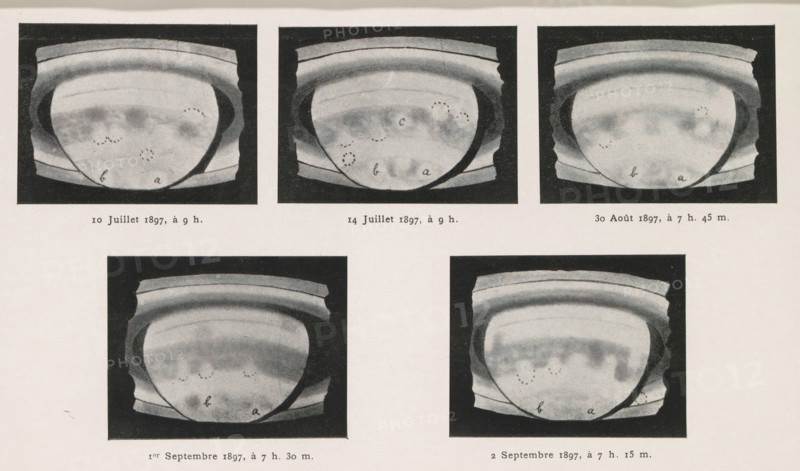 Dessins de Saturne exécutés par M. Leo Brenner a l'observatoire Manora, Five views of Saturn, page, photomechanical print, inscription: 'Pl II.', c. 1897-09-02 - c. 1897, paper, autotype, height 114 mm x width 210 mm, Saturn (planet), A pale sheet with five rectangular dark-framed grayscale oval illustrations arranged with three across the top and two across the bottom, each illustration showing a rounded, bowl-like form with layered rim at the top and a darker curved shadow along one side, faint cloudlike textures and small clusters of dotted marks within the central area, and small handwritten lowercase letters near the lower edge of each oval.